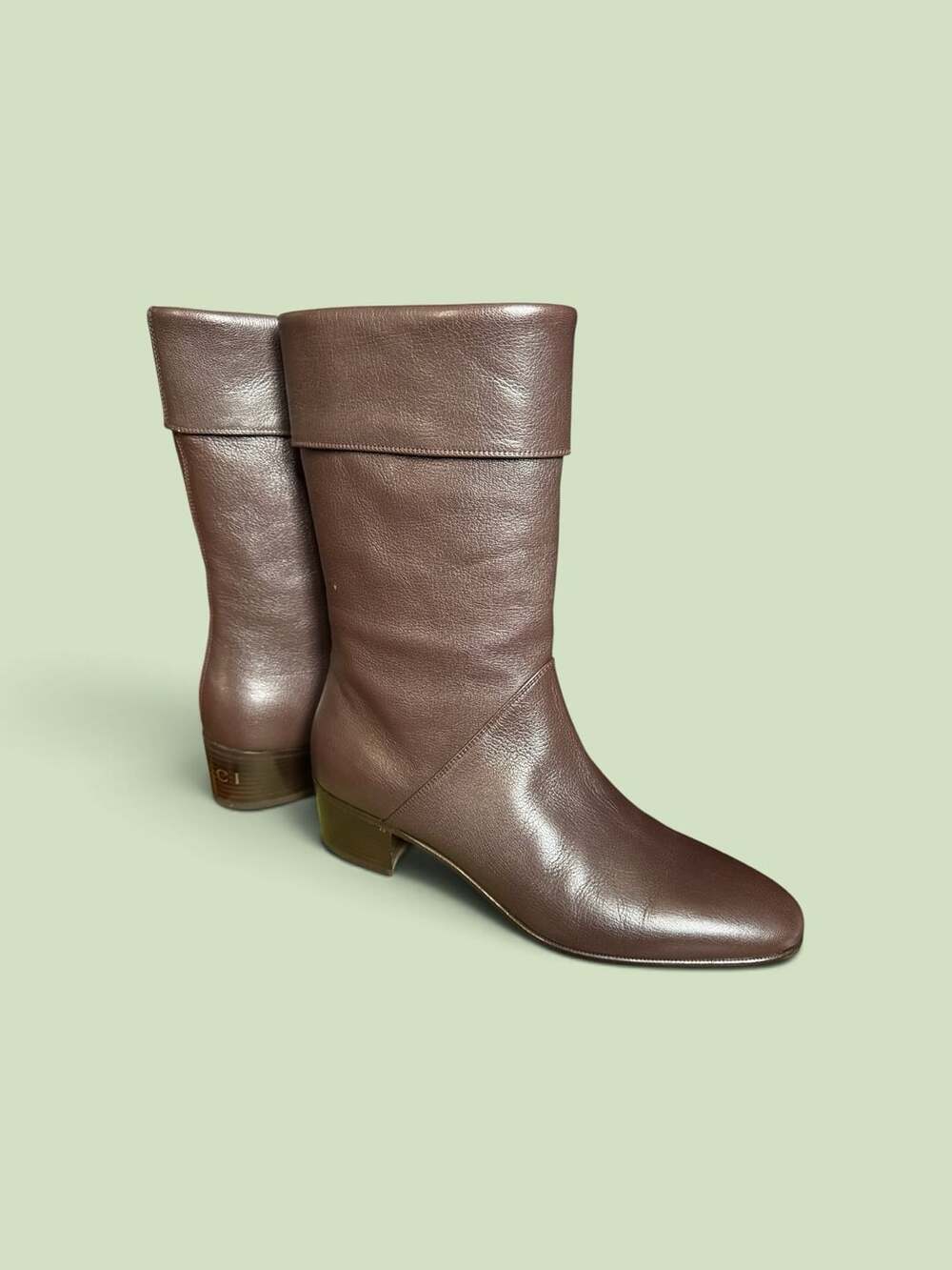 Gucci Leather Boots Brown Mid Calf Folded Cuff